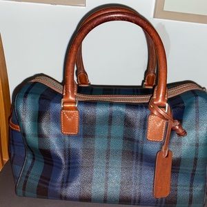 Polo Ralph Lauren Blue Green Plaid Barrel Handbag Satchel Tote Leather Accents